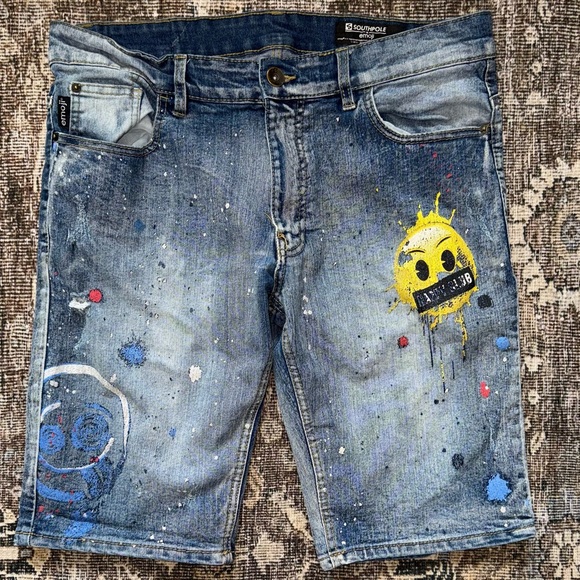 Southpole Jean Shorts Men 32 Blue Denim Hip Hop Skater Emoji Painted Smiley Face - Picture 1 of 5